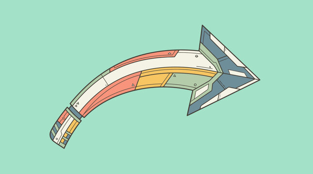 Ein stilisierter, futuristischer Pfeil im Sci-Fi-Design mit mechanischen Segmenten und einer bunten Farbpalette auf einem hellgr&uuml;nen Hintergrund f&uuml;r grafische Anwendungen.