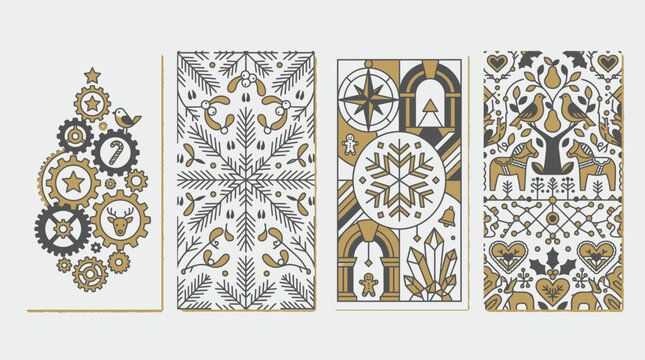 Conjunto de quatro cart&otilde;es de Natal com design geom&eacute;trico moderno, apresentando padr&otilde;es decorativos de flocos de neve, engrenagens, cavalos de Dala e elementos bot&acirc;nicos em tons de dourado e cinza.