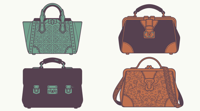 Conjunto de quatro bolsas femininas elegantes com designs variados, incluindo estilos estruturados, retr&ocirc; e com detalhes ornamentados, apresentados em uma ilustra&ccedil;&atilde;o vetorial plana.