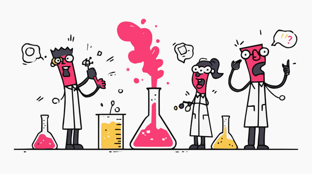 Three cartoon scientists in lab coats react with surprise and alarm to a chemical experiment with pink smoke erupting from a flask