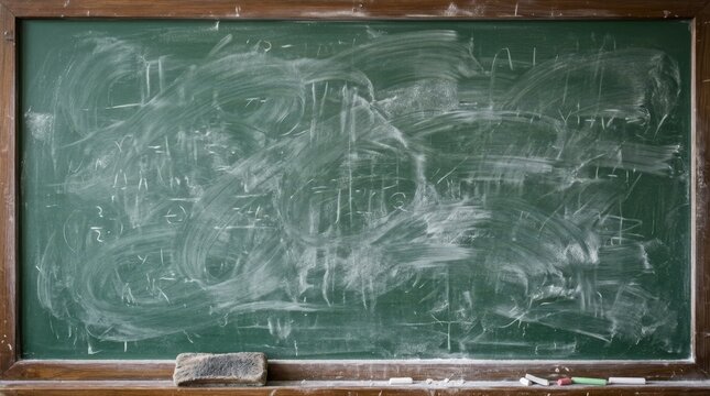 Empty chalkboard with eraser and chalk in classroom setting for education concepts