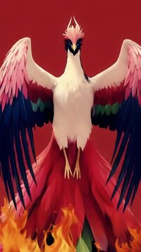 Phoenix bird rising from fire with colorful wings spread. Mythical creature emerging from flames in ancient legend. Fantasy creature animation for lore concept. Vertical video