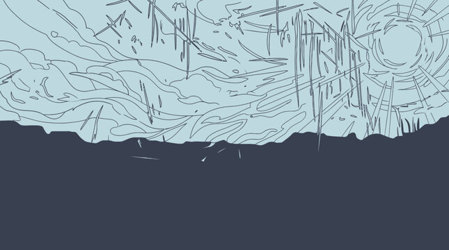 Ilustra&ccedil;&atilde;o estilizada de uma paisagem abstrata com sol e nuvens em tons de azul e cinza, apresentando tra&ccedil;os art&iacute;sticos e um design minimalista para fundos criativos.