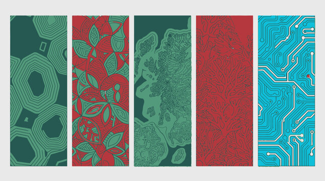 Conjunto de cinco pancartas verticales con patrones abstractos variados que incluyen formas geom&eacute;tricas, motivos bot&aacute;nicos, texturas org&aacute;nicas, superficies granuladas y circuitos electr&oacute;nicos.