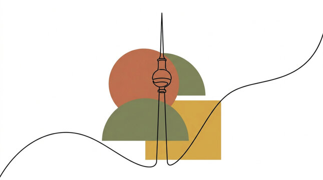  Abstract berlin tv tower line art vector with modern geometric color shapes and continuous line architectural drawing for boho poster print