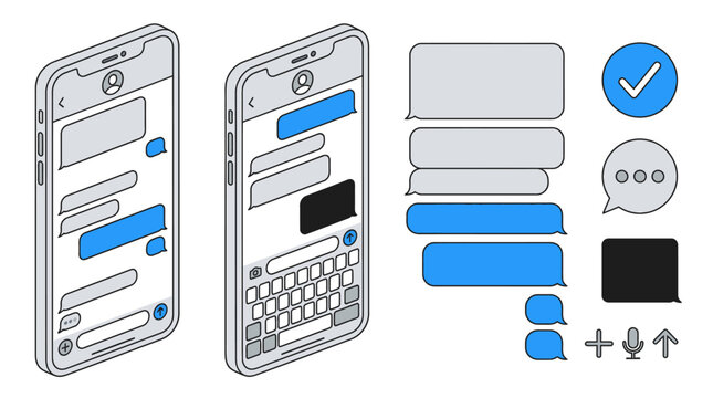 Conjunto de elementos de interface de usu&aacute;rio para aplicativos de mensagens m&oacute;veis com smartphones isom&eacute;tricos, bal&otilde;es de fala, &iacute;cones de chat e teclado virtual em estilo minimalista.