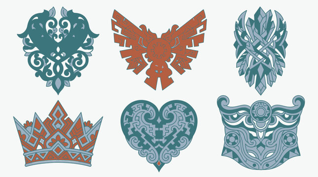 Eine Sammlung von sechs dekorativen, symmetrischen Symbolen und Wappen im nordisch inspirierten Stil mit komplizierten Mustern in Blau- und Rott&ouml;nen auf hellem Hintergrund.