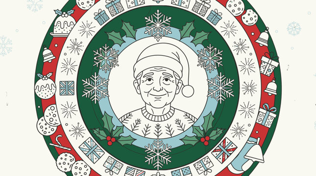 Eine festliche Illustration mit einem l&auml;chelnden &auml;lteren Mann mit Weihnachtsm&uuml;tze, umgeben von einem dekorativen Kranz aus Schneeflocken, Geschenken und weihnachtlichen Symbolen.