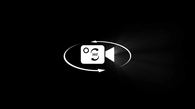 360 degree camera rotation animation with glowing light effects on black background