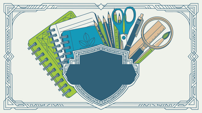 Dekorative Illustration mit Schul- und B&uuml;robedarf wie Notizb&uuml;chern, Stiften, Schere und Lupe, eingerahmt in einem eleganten Art-D&eacute;co-Rahmen mit zentralem leeren Wappenschild f&uuml;r Text.