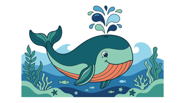 Eine niedliche Cartoon-Illustration eines l&auml;chelnden Wals, der Wasser aus seinem Blasloch spritzt, umgeben von einer bunten Unterwasserwelt mit Korallen, Algen und kleinen Fischen.