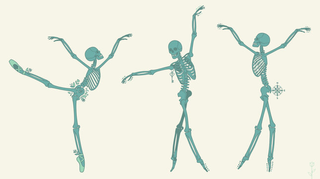 Ilustraci&oacute;n art&iacute;stica de tres esqueletos humanos realizando elegantes poses de ballet sobre un fondo de color crema suave, capturando la gracia del movimiento anat&oacute;mico en un estilo gr&aacute;fico vintage.