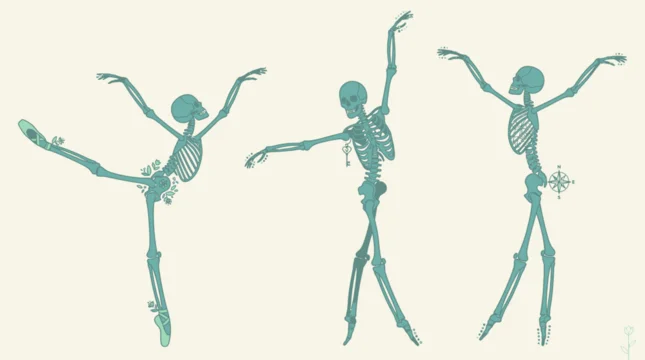 Ilustración artística de tres esqueletos humanos realizando elegantes poses de ballet sobre un fondo de color crema suave, capturando la gracia del movimiento anatómico en un estilo gráfico vintage.