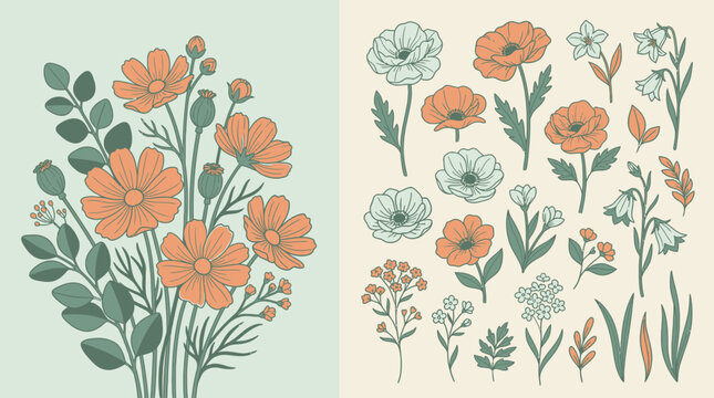 Ein Set aus handgezeichneten botanischen Illustrationen mit einem Blumenstrau&szlig; und einzelnen Blumen in einer eleganten Farbpalette aus Pfirsich, Salbeigr&uuml;n und Creme.
