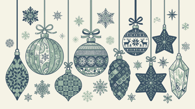 Ilustraci&oacute;n vectorial de adornos navide&ntilde;os colgantes con patrones geom&eacute;tricos y copos de nieve sobre un fondo crema suave para dise&ntilde;os festivos de temporada