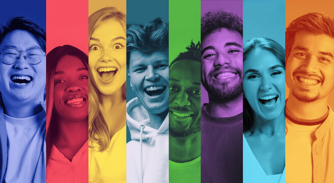 Diverse multicultural people smiling in colorful vertical collage portrait banner. Concept of global community, diverse emotions, modern society, inclusion branding, advertising and social campaigns.