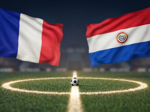 Waving flags of France and Paraguay over soccer ball at center pitch in dark stadium, international football match, sports competition.
