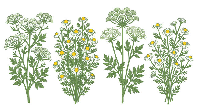 Conjunto de ilustraciones bot&aacute;nicas de flores de manzanilla y plantas umbel&iacute;feras silvestres dibujadas a mano con estilo vintage sobre un fondo blanco aislado