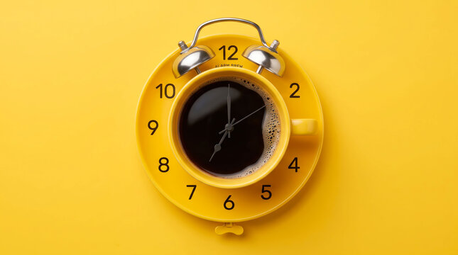 Yellow alarm clock shaped like a coffee cup with black coffee inside