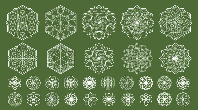 Conjunto de mandalas geom&eacute;tricas y patrones florales ornamentales en blanco sobre un fondo verde oliva, ideales para dise&ntilde;os decorativos, arte espiritual y elementos gr&aacute;ficos de estilo &eacute;tnico.