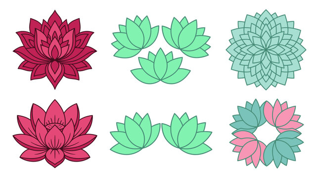 Colecci&oacute;n de ilustraciones vectoriales de flores de loto estilizadas en tonos rosa y verde menta, ideales para dise&ntilde;os decorativos, elementos de yoga, meditaci&oacute;n y arte floral.