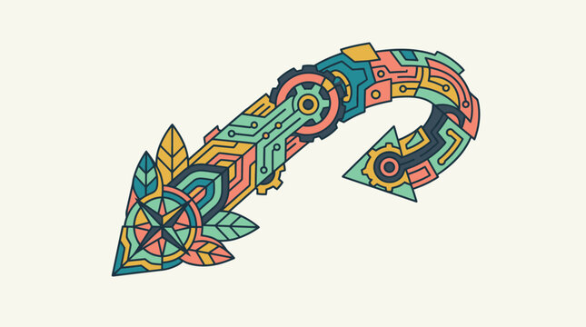 Ilustraci&oacute;n vectorial de una flecha decorativa con estilo steampunk y elementos tecnol&oacute;gicos, integrando circuitos, engranajes y motivos bot&aacute;nicos sobre un fondo de color crema claro.