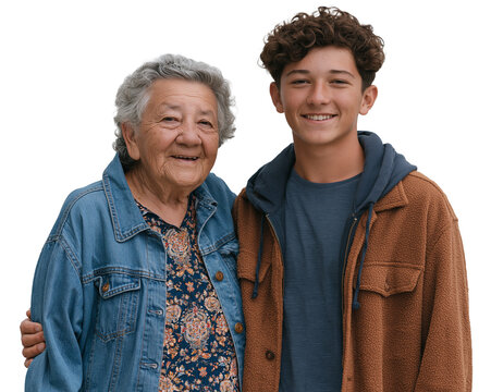 Portrait of a happy elderly grandmother and her teenage grandson smiling together isolated on transparent or white background, png