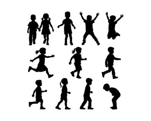 Obraz premium Children silhouettes set, active kids playing and running in various poses