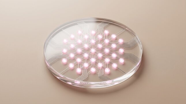 Macro view of a transparent glass disc with a glowing network of neural nodes, representing a futuristic biochip or smart lens