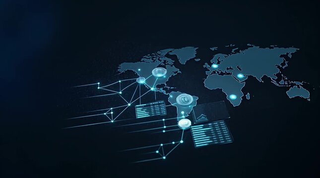 Digital World Map with Data Visualizations and Holographic Icons