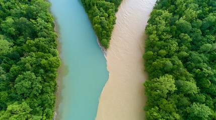 Naklejka premium Stunning aerial view above two rivers converge, one with clear turquoise water and the other with muddy brown flow, surrounded by lush green forest