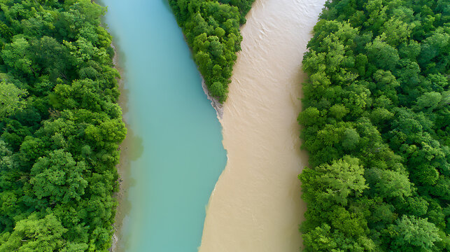 Stunning aerial view above two rivers converge, one with clear turquoise water and the other with muddy brown flow, surrounded by lush green forest