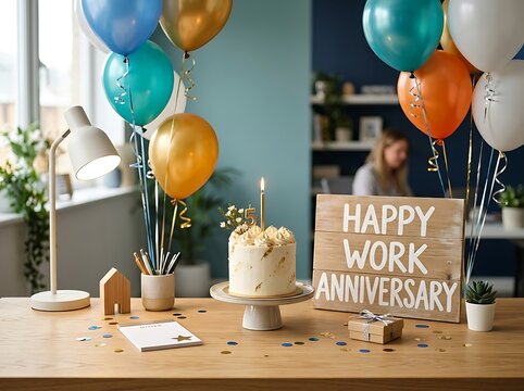 Happy work anniversary celebration with cake balloons and decorations on a wooden table setup