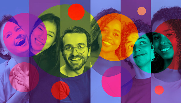 Multicultural people portrait collage with colorful graphic circles and modern design. Concept of diversity, creative branding, inclusive marketing, social media visuals, communication and community.