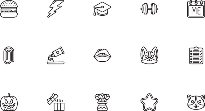 Diverse lifestyle and education outline vector icons featuring graduation caps fitness dumbbells lightning bolts dental hygiene and cute animal character faces