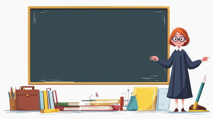 Cheerful female teacher stands beside a large empty blackboard with school supplies and books creating a warm educational atmosphere © Irina