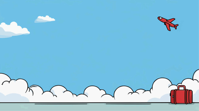 A vibrant red airplane soars through a clear blue sky above fluffy white clouds and a lone red suitcase suggesting travel and adventure