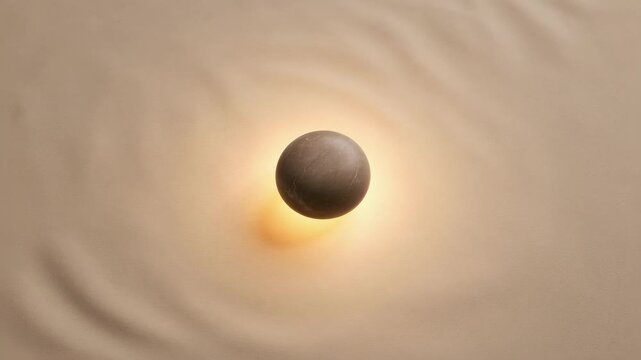 Floating stone sphere with warm glow on rippled tan surface