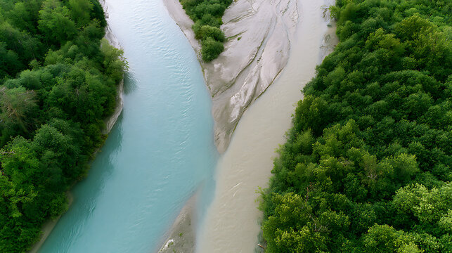 Aerial view showcase two rivers merge, vibrant blue glacial water meet brown sediment-rich flow, surrounded by lush green forest, natural boundary