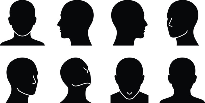 Set of human head silhouettes in various angles and profile views isolated on white background, image_cca60b.png