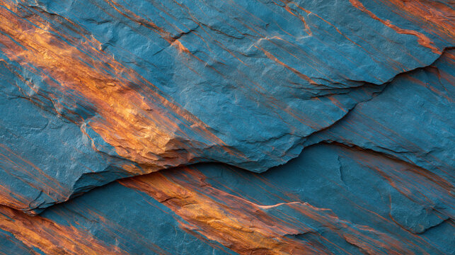 Blue rock texture orange mineral streaks layered stone surface abstract natural pattern rough cliff surface weathered rock formation mineral vein detail close up geology view sfumato style