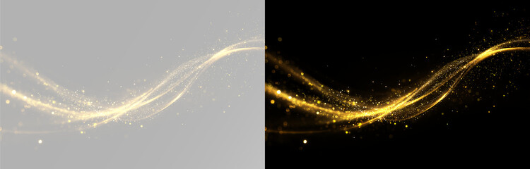 Golden glowing light wave sparkling glitter wave flowing golden ribbon luxury light trail magic gold energy curve PNG © theladydarina