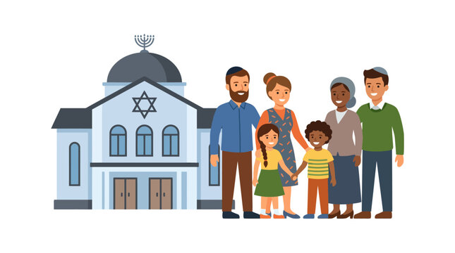 Diverse Jewish Family Outside Synagogue, Religious Community Concept