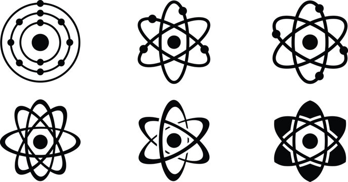 Atom symbols silhouette collection, atomic structure and science vector set, nuclear energy and physics orbit icons, minimalist chemistry atom graphics isolated