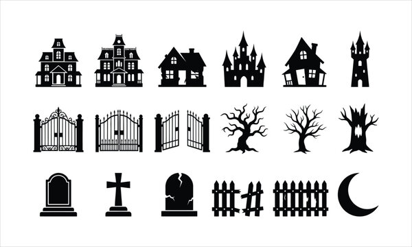 Halloween haunted house and graveyard element silhouettes with halloween graveyard cemetery