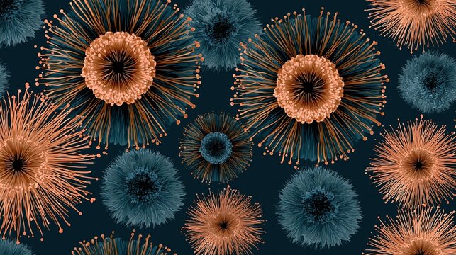 Seamless repeating abstract floral pattern with warm orange and deep teal dandelion shaped flowers on dark teal background shows modern elegant decorative textile design