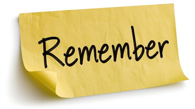 Yellow crumpled sticky note with handwritten black remember word on plain white background shows memo reminder and note taking concept
