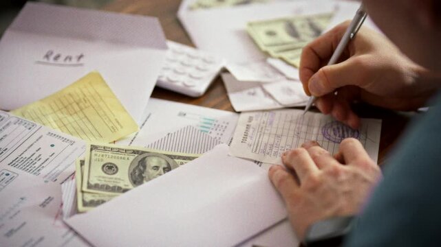 A cashier types data onto a sales receipt, stamps it, and records the payment amid piles of dollar bills and invoices, illustrating the routine of handling cash transactions in a small-business shop