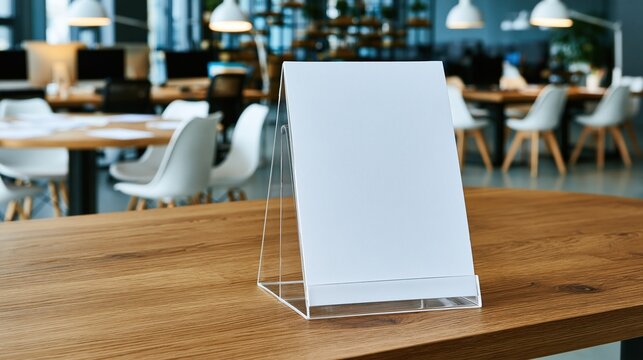 Empty blank table tent sign in clear acrylic holder on natural wooden table in modern open co-working office space perfect for promotion display mockup