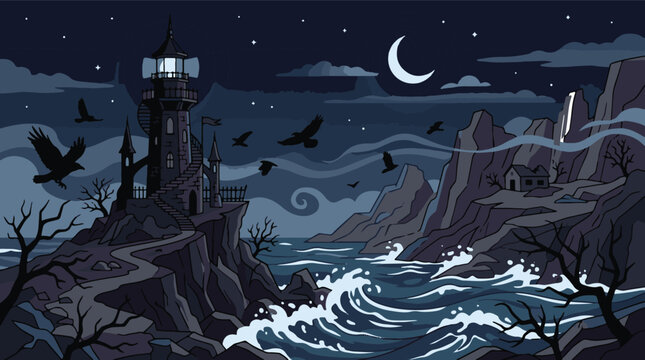 Dramatic ocean storm at night with illuminated lighthouse, crashing waves, and dark moody sky background.